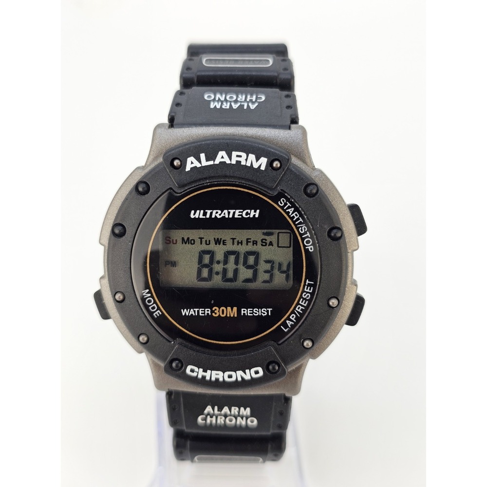 Men's Sports Digital Watch 44MM Black Plastic Bands Alarm Chrono New Battery